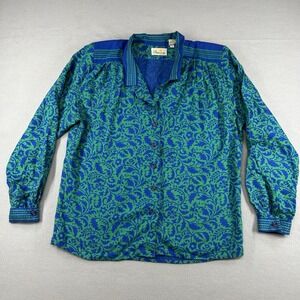 Vintage 90s Liz Claiborne Petites Top Blouse W Sz 12P Teal/royal Print Pleated